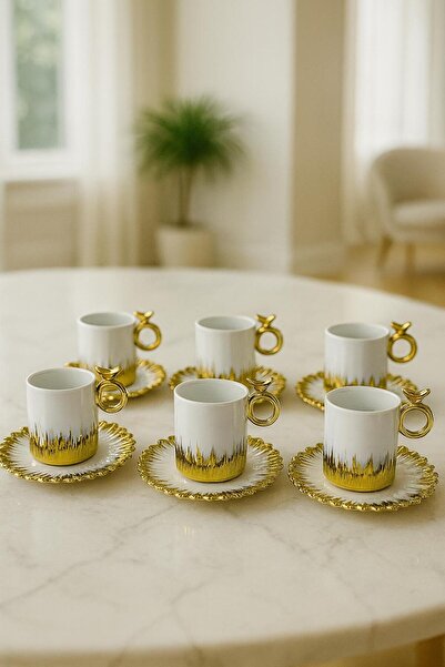 Lora Gold Plated 6 Person Porcelain Coffee Cup Set