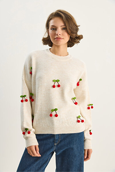 Bianco Lucci Pulover de tricotat obișnuit pentru femei, cu decolteu rotund, cu accesorii cireșe 60283641