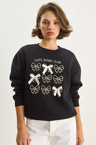 Bianco Lucci Kadın Fiyonk Nakışlı Kurdele Aksesuarlı Üç İplik Şardonlu Sweatshirt 60601048