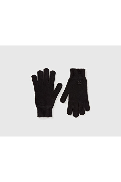 United Colors of Benetton Children's Black Wool and Viscose Blend Gloves with Logo Embroidery
