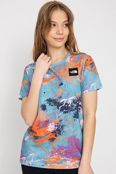 THE NORTH FACE Seasonal Fine T-shirt Multicolor Reef Waters TNF Distort Print Kadın Bol Kesim Pamukl
