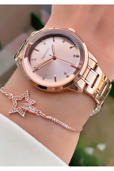Ferrucci Women's Wristwatch Rose Gold Stone Detailed Steel Strap – Stylish and Gift Boxed Model