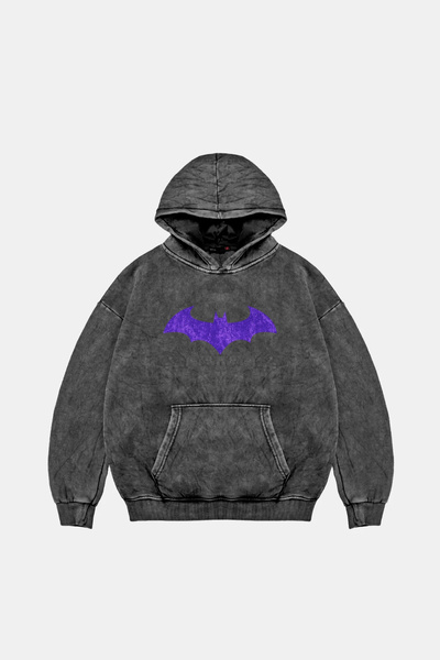 Bak Moda Bat Yarasa Baskılı Oversize Unisex Yıkamalı Siyah Hoodie