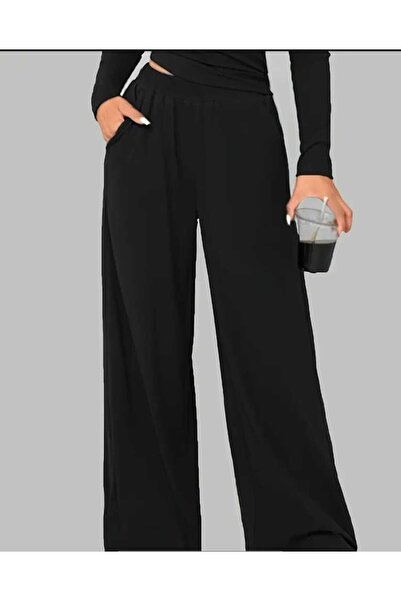 ELASSEL Μαύρο χειμερινό φαρδύ παντελόνι φόρμας με σαρωτήρια