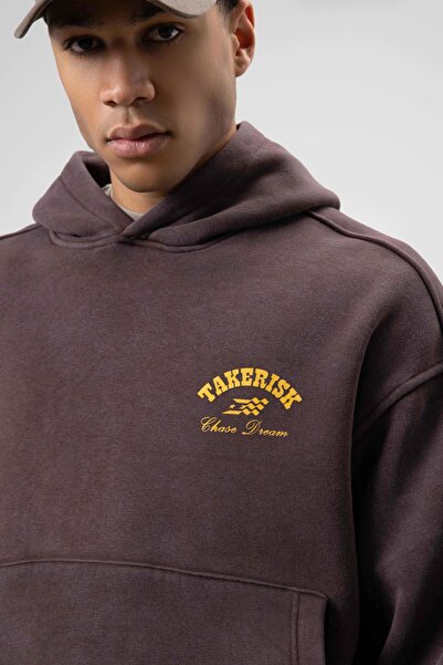 VAMOSCLO oversized Πλενόμενο φούτερ Boxy Fit με κουκούλα καφέ