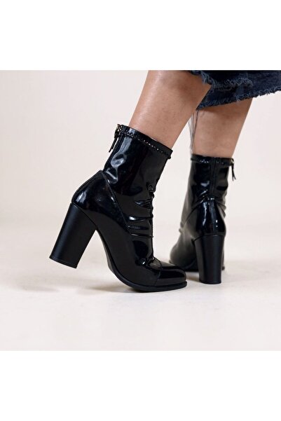 NE&VE SHOES Siyah Rugan Streç Kadın Kalın Topuklu Bot