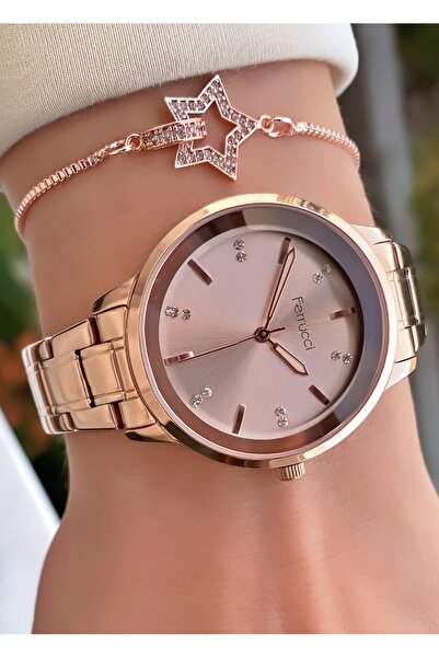 Ferrucci Women's Wristwatch Rose Gold Stone Detailed Steel Strap – Stylish and Gift Boxed Model