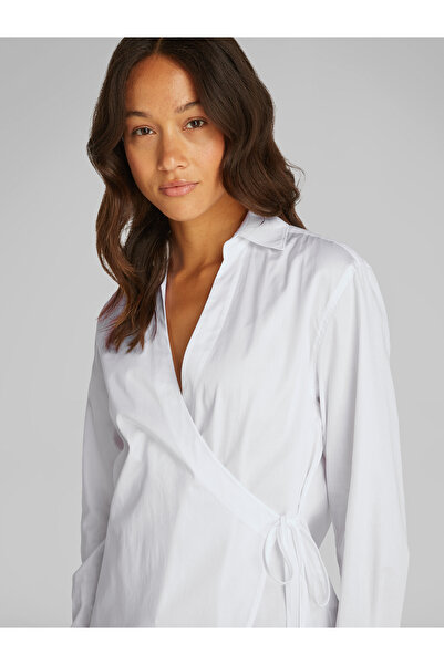 Calvin Klein Women Brilliant White Long Sleeve Soft Cotton Relaxed Poplin Wrap Shirt