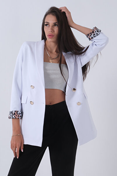 Feminist Şal Yaka Leopar Astarlı Kruvaze Ceket Beyaz 39711561