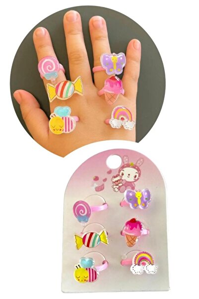 shop مجموعة خواتم للفتيات مكونة من 6 قطع بتصميم حلوى متنوعة مع مشبك خلفي