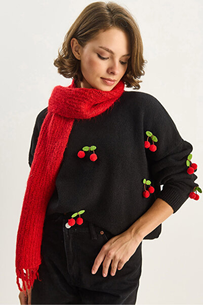 Bianco Lucci Pulover de tricotat obișnuit pentru femei, cu decolteu rotund, cu accesorii cireșe 60283641