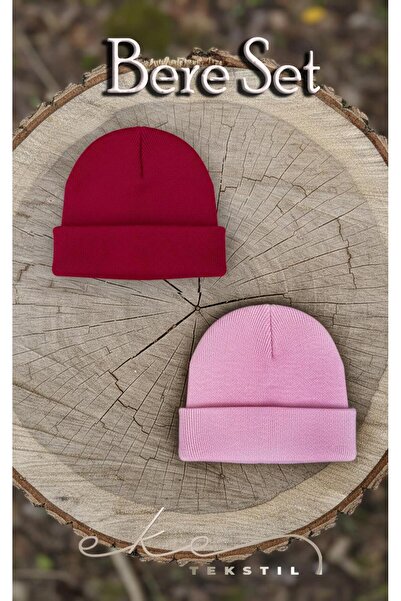 Eke Tekstil Unisex Folded Pink, Red 2-Piece Beanie Set Ekebereseti̇2Li̇yeni̇