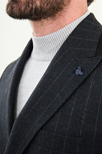 Mcr Striped Slim Fit Wide Collar Double Breasted Wool Men's Jacket Navy Blue - 41476.25K