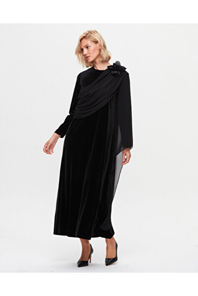 MISS DALIDA T25K-4013 Tül Detaylı Kadife Şık Elbise BLACK