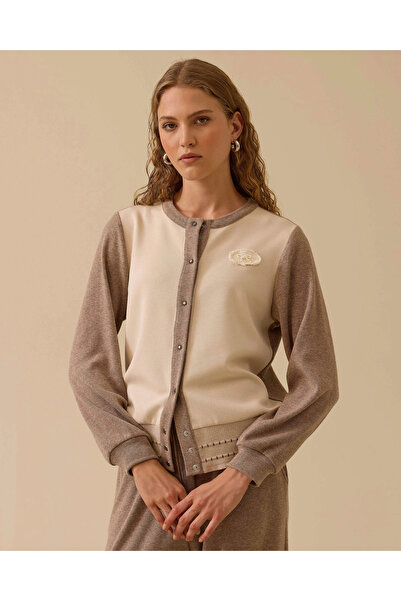 SEÇİL Boncuk Detaylı Çift Kumaşlı Triko Hırka