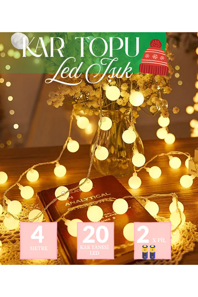 nextbuy Kar Topu Led Işık 4 Metre 20 Led 2x Pilli Süsleme Yılbaşı Aydınlatma Sarkıt Dizeleri Gün Işığı