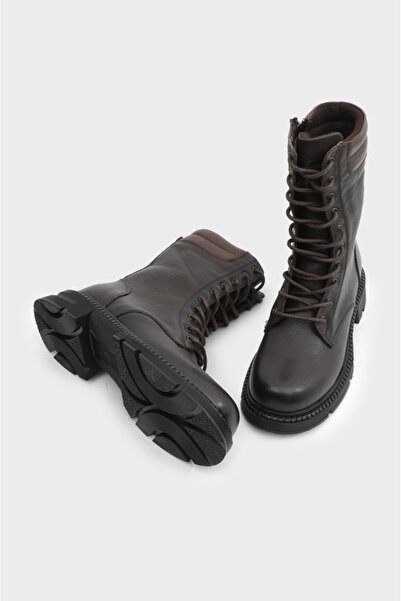 derinet Fermuarlı Bağcıklı Hakiki Deri Kadın Uzun Bot