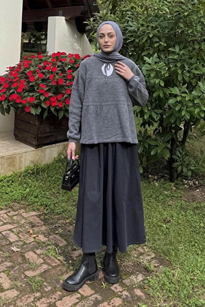 lamelif Lace-Up Collar Knit Sweater Anthracite