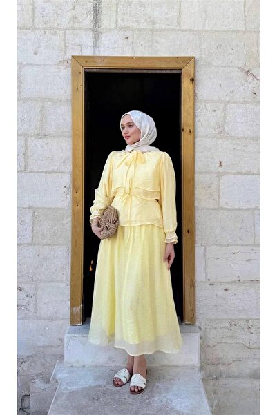 KULVAR TREND 2720 Fularlı Yaka Pelerinli Etekli Şifon Takım