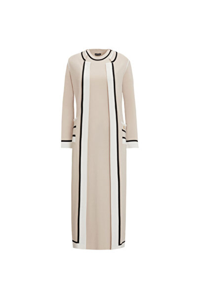 MISS DALIDA Renk Detaylı Kolsuz Triko Taş Rengi Elbise