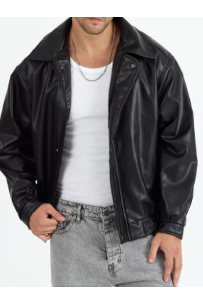 TRS YB GİYİM KIŞ ERKEK OVERSİZE SİYAH BOMBER PREMIUM DERİ CEKET