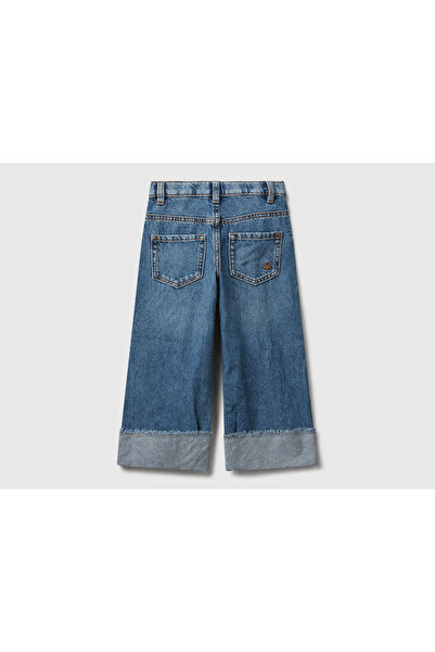 United Colors of Benetton Pantaloni din denim pentru fetiță, albastru închis, cu detaliu de broderie, cu picioare curbate, cu potrivire largă