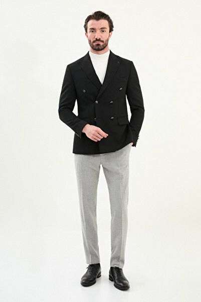 Mcr Straight Slim Fit Wide Collar Double Breasted Metal Button Men's Jacket Black - 41479.25K