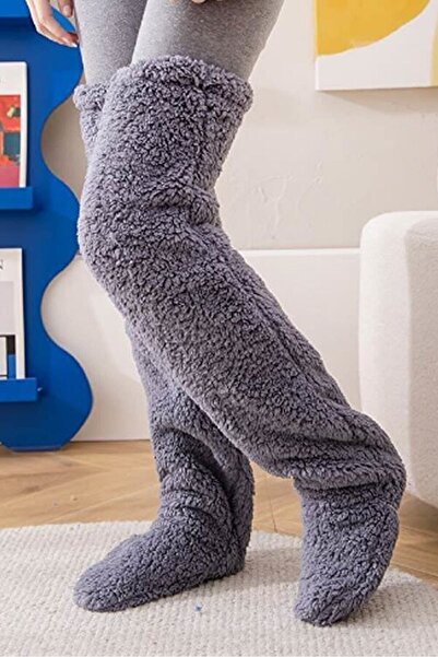 REYNEV Women's Plush Sleep Socks over Knee Room Socks Foot Warmer Gray Long Socks XS - S - m - L - XL