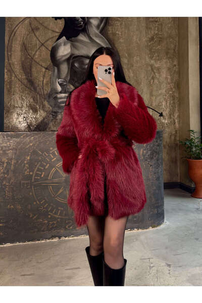 missswans Menya Kemerli Çıt Çıt Kapamalı Cepli Astarlı Kürk Mont Bordo