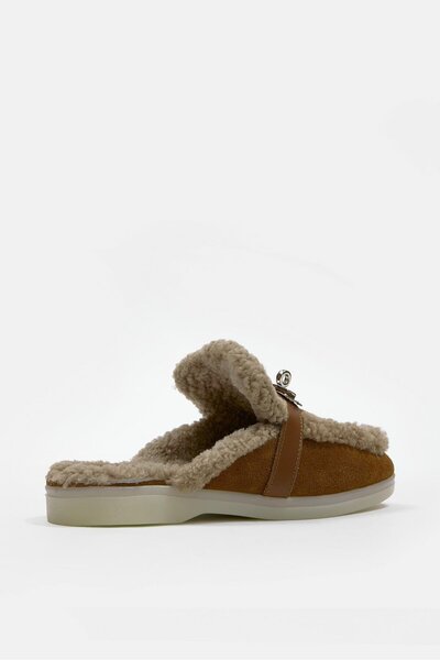 NILUFARR Jelly Tan Suede Real Fur Women's Slippers