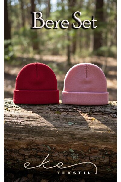 Eke Tekstil Unisex Folded Pink, Red 2-Piece Beanie Set Ekebereseti̇2Li̇yeni̇