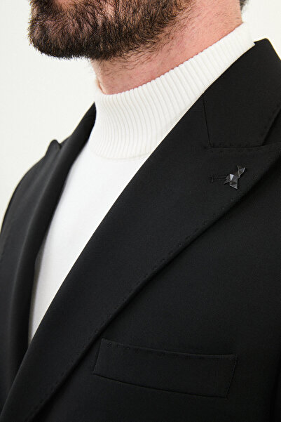 Mcr Straight Slim Fit Wide Collar Double Breasted Metal Button Men's Jacket Black - 41479.25K