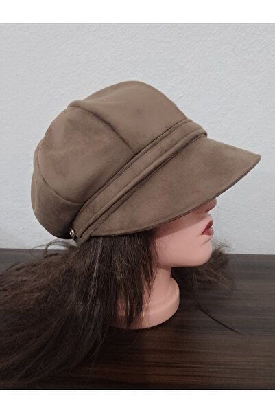EMİNSHOP Kadın kışlık Nubuk düğme detaylı geniş siperli şapka