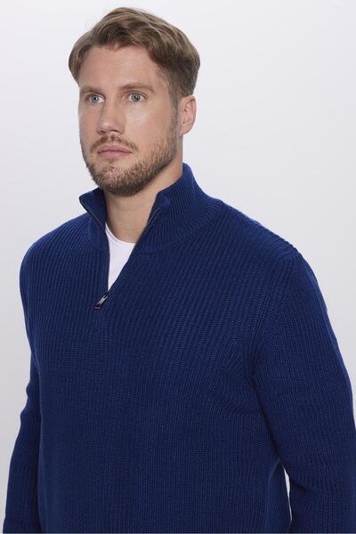 Tudors Erkek 3'lü Paket Koyu Saks Mavi-Bej-Siyah Slim Fit Dar Kesim Fermuarlı Dik Yaka Triko Kazak