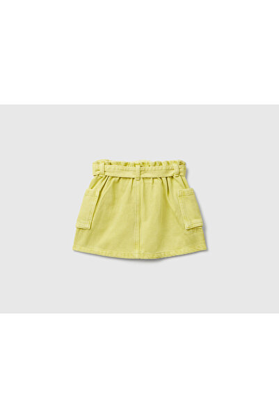 United Colors of Benetton Kız Bebek Hardal Logo Detaylı Cepli Beli Bağlamalı Denim Kargo Etek