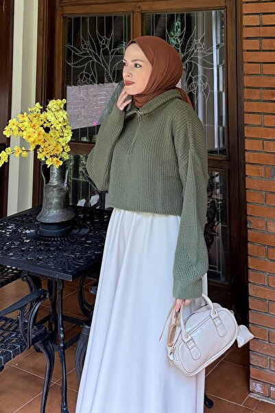 lamelif Collar Zippered Crop Knitwear Sweater Khaki