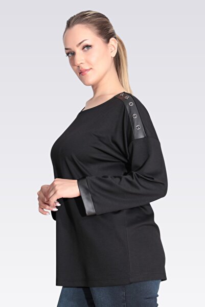 TOLGA SARAÇOĞLU 11089 Black Synthetic Leather Detail Comfortable Cut Knitted Blouse