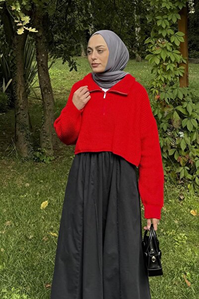 lamelif Collar Zippered Crop Knitwear Sweater Pomegranate Flower