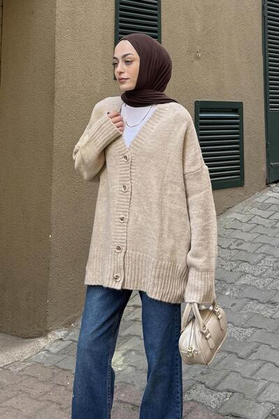 lamelif Casual Textured Basic Cardigan Beige