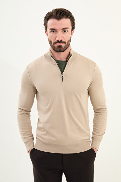 Mcr Plain Slim Fit Zippered Half Fisherman Men's Knitwear Sweater Dark Stone - 11561.25K