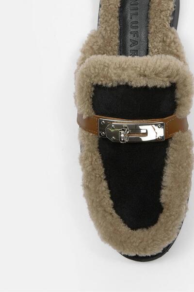 NILUFARR Jelly Black Suede Real Fur Women's Slippers