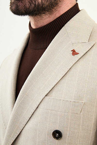 Mcr Striped Slim Fit Wide Collar Double Breasted Wool Men's Jacket Stone - 41476.25K