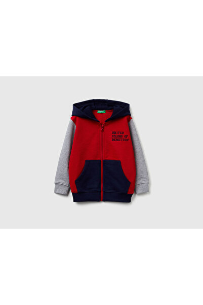 United Colors of Benetton Baby Boy Red-Grey Front Logo Printed Zippered Hooded Sweatshirt