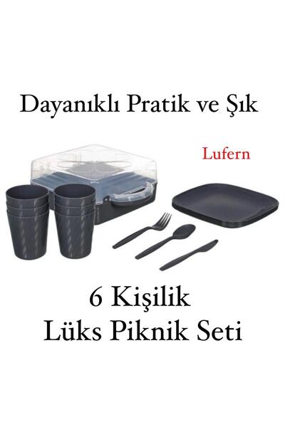 Lufern Lüx Piknik Sepeti 6 Kişilik Çatal Bıçak Bardak Kaşık Tabak Piknik Mang...