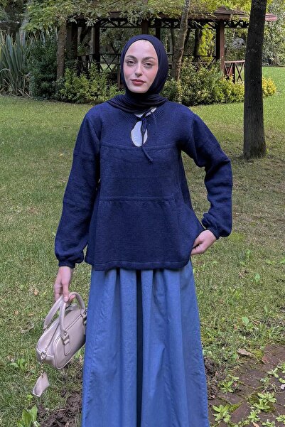 lamelif Lace-Up Collar Knit Sweater Navy Blue