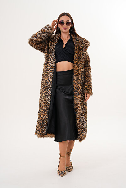 NAVY Full Length Shawl Collar Leopard Fur Coat