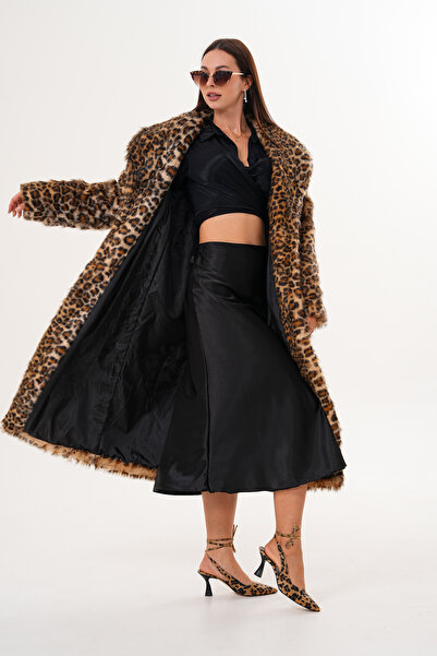 NAVY Full Length Shawl Collar Leopard Fur Coat