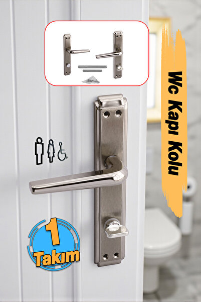 Badem10 WC Banyo İç Kapı 1 Takım içten Kilitli Kol Kolu Aynalı Sağa Sola Uygun Nikel Saten Metal Tutamak