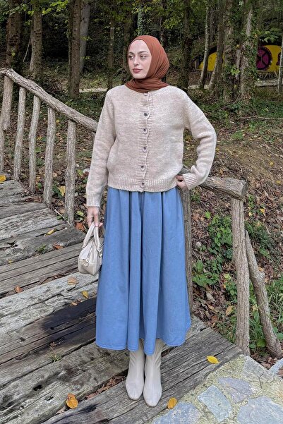 lamelif Crew Neck Short Cardigan Beige