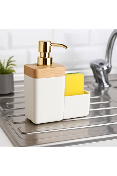Nesto Home Wooden Look Liquid Soap Dispenser with Sponge Holder, Detergent Dispenser